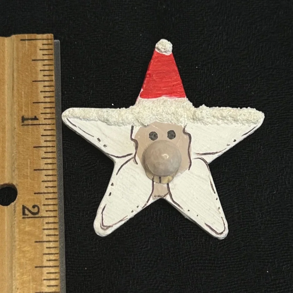 Primitive Wooden Santa Star Brooch Rustic Christmas Folk‎ Art Pin Holiday